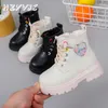 Botas Moda para niñas Otoño/Invierno Corto para niños Estilo británico Cuero de tamaño mediano Agregar zapatos de princesa de algodón