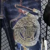 Herren Jeans Hose abgeschnitten mit Print Mann Cowboy Hose Hellblau Koreanische Mode Denim Klassisch Ästhetisch Retro