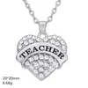 Teamer Clear Blue Pink Crystal Heart Engraved Teacher Pendant Necklace With Link Chain Fashion Jewelry For Teacher's Day Gift232F