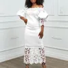 Party Dresses Ladies British Celebrity Sweet Dress Spring 2024 Bubble Sleeve Lace Boat Collar Skinny Openwork Crocheted