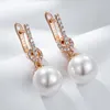 Boucles d'oreilles en peluche Kinel Luxury 585 Rose Gold Color Pearl Drop Women Unique Géométrique Full Natural Zircon Accessoires Daily Bijoux Cadeau