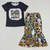 Conjuntos de ropa Venta al por mayor Traje de girasol para niños pequeños Camisa negra con estampado de vaca Pantalones inferiores de campana Primavera Otoño Niños Kid Western Set