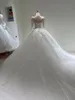 웨딩 스파클 반짝이 드레스 가운 3D 스팽글 로브 로브 마리이지 수제 구슬 튤 스커트 깎아 지른 긴 소매 레이스 신부 드레스 멍청한 드레스