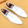High Quality Oxford Shoes White Genuine Leather Carving Lace Up Business Office Pointed Tip Brogue Dress Shoe for Men