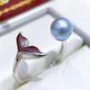 22091802 DIAOMONDBOX SMEWELL RING 6-6 5mm Akoya Blue Pearl White Gold Plated Sterling 925 Silver Justerbar sjöjungfisk Fish Tail Open2602