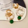 Dangle Earrings Brass Vintage Green Stone Natural Pearl Women Jewelry Party Boho T Show Gown Runway Rare Korean Japan Trendy