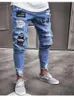 Vita broderier jeans män bomull stretchig rippad mager jeans högkvalitativa hiphop svart hål smal passform överdimensionerad denim byxor 240130