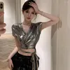 Koszulki damskie srebrna koszula bez rękawów Kobiety seksowne streetwear nieregularne krótkie opakowanie przycięte topy żeńskie y2k tandetne bandaż letnie szczupłe koszulki