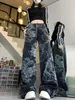Calça jeans feminina estampada personalizada, tendência de rua, perna reta, adequada para mulheres, primavera e outono, hip-hop, calças casuais soltas 240130