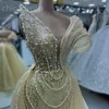 2024 Aso Ebi Gold Mermaid Prom Dress Pearls Sequined Lace Evening Formal Party Second Reception Birthday Engagement Gowns Dresses Robe De Soiree ZJ81