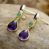 Classy Women Gold Plated Amethysts Lapis Stones Dangling Stud Earrings Party Bold Art Dec Jewelry Bijoux Wholesale 240123