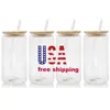 CA USA Warehouse 판매자 16oz Blank Sublimation Soda Shaped Cups Beer Glass는 아이스 커피를위한 대나무 뚜껑을 곁들입니다.