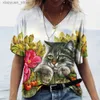 Damen T-Shirt V-Ausschnitt T-Shirt Damen Sommer Casual Oversize Dazzle Color Cats Print Shirt Kurzarm Top Vintage FemaleStreetwear Y2k Kleidung 240130