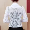 Kvinnorjackor Fashion Jacket Women 2024 Lång ärm V-ringning Office Lady Black White Lace Slim Coat D105