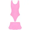 Women's Swimwear Womens Glossy Swimsuit Sleeveless High Cut Bodysuit With Low Rise Ruffled Mini Skirt Fitness Yoga Pool Party Beachwear