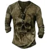 Horror Skulls Print Men's Henley Shirt Tshirts Spring Cotton Casual ButtonDown VNeck Long Sleeve Street Tops Men Clothing 5XL 240119