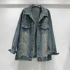 Jaquetas femininas diamante denim casaco resistente retro solto preto cinza jaqueta outono topo