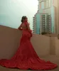 Ruby Red Sparkly African Prom Dresses for Women Luxury Diamond Crystal Velvet Feather Evening Ceremony Gown Black Girl