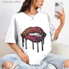 Camiseta feminina nova feminina camisetas simples de manga curta com elementos de impressão labial moda casual tops y2k tamanho grande camisetas soltas 240130