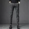 Autumn Men's Brushed Plaid Casual Pants Fashion Korean Elastic Cotton Slim Straight Work Trousers Brand Clothes Black Grey Blue 240125