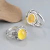 Bagues de cluster Style ethnique 925 Sterling Argent Ovale Jaune Chalcédoine Bague Pour Femmes Vintage Petite Fleur Feuille Réglable Bijoux Ouverts