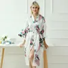 Mulheres sleepwear tamanho grande quimono roupão vestido longo cetim robe camisola senhora impressão pavão nightwear com decote em v lingerie lounge wear casa