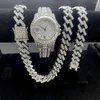 Chains 3PCS Men's Iced Out Chain Necklace Bracelet Watch Men Hip Hop 15MM Studded Large Heavy Gold Cuban Link Jewelry Set Wom266w