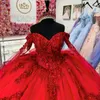 Vermelho glitter princesa quinceanera vestidos fora do ombro apliques rendas contas tull com capa floral rendas vestidos de baile de 15