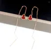 Dangle Küpe 585 Mor Altın Kırmızı Emaye Kabak Kadınlar için Basit Çin Tarzı Kaplamalı 14K Gül Uzun Kulak Çizgisi Partisi Takı