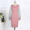 Casual Kleider Rosa Kleid O Hals Transparent Mesh Lange Ärmel Polka Dot Classy Frauen Elastische Elegante Büro Dame Bescheidene Weibliche Afrikanische