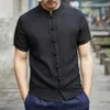 Retro Mens Summer Shirt Stand Up Collar Short Sleeved Mens Shirt Solid Color Slim Fit Knot Button Up Mens Shirt Chinese Traditional Shirt 240130