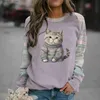 Женская футболка, хлопковые футболки с длинным рукавом для женщин, забавные толстовки с принтом Kawaii Cat Animals, женский милый пуловер с круглым вырезом, женская толстовка 240130