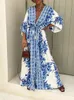 Boho Deep V Neck Waist Drawstring Long Dress Women Spring Pattern Print Vintage Maxi Summer Short Sleeve Loose Beach 24030