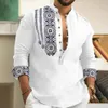 2024 Spring/Summer Leisure Mens Long Sleeved Button Down Shirt Loose Henry V-Neck Beach Top T-Shirt AS Gift 240130