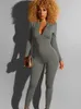 Casual Sporty Solid Bodycon Jumpsuit Women Outfits Långärmning Fitness tränar Skinny Rompers Elastic Overalls för jogger 24030