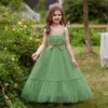 Платья для девочек, зеленая тюлевая юбка с цветочным рисунком и большим бантом без рукавов для свадьбы, дня рождения, банкета, платья для первого причастия