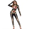 Halloween Costume Womens Skeleton Rose Print Scary Costume Black Skinny Jumpsuit Bodysuit Halloween Cosplay Suit for Women Sexy CO2531