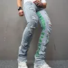 Mäns jeans mode förstörde hiphop med broderi high street rippade denimbyxor smala fit tvättade nödställda bottnar