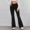 Calças femininas flare cor sólida cintura alta movimento regular jeans cintura bolso legal respirável lavado elástico 240127