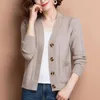 Femmes tricots femmes couleur unie Cardigan Chic moyen-âge tricoté Cardigans col en v bouton fermeture manches longues pour le printemps