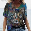 Damen T-Shirt V-Ausschnitt T-Shirt Damen Sommer Casual Oversize Dazzle Color Cats Print Shirt Kurzarm Top Vintage FemaleStreetwear Y2k Kleidung 240130