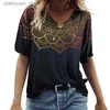 Kvinnors t-shirt 2023 Summer Womens T-shirt Vintage Casual Black Fashion V Neck Pullover Kort ärm tryckt Löst dagliga toppar Designkläder 240130