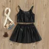 Ensembles de vêtements Enfants Bébé Bébé Filles Vêtements en cuir Costume décontracté Couleur unie Sans manches Sling Tops Bouton Jupe courte plissée Noir 1-6T