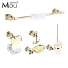 Gold Finish Crystal Decoration Metal Badrumstillbehör Set Robe Hook Cup Brush Holder Handduk Holder Soap Dish Rack ML70 L224V