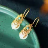 Boucles d'oreilles pendantes en jade hétien naturel, perles rondes blanches, crochet d'oreille en argent sterling S925, style ethnique chinois antique, cour de super fée