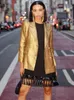 Fashion Metallic Gold Handl Kurtka Kobiety w stylu Vintage Single Breaste z długim rękawem Casual Blazer Coat Office Lady Street Opieka wierzchnia 240118