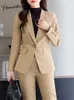 Yitimuceng baskı kadın takım elbise ofis setleri moda ince uzun kollu tek düğme blazers rahat yüksek bel pantolon takımları 240127