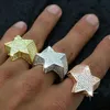 Mens 3D Star 14K Gold Plated Copper Rings Bling Iced Out CZ Stone Star Shape Ring Gold Silver Rosegold Hiphop Jewelry205p