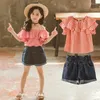 Giyim Setleri Çocuk Yaz Kıyafetleri Ekose Üstler Denim Şort Pamuk Bebek Mavi Kotlar Kısa Genç Kızlar