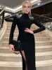 CNYISHE Beading Split Sexy Club Women Dresses Half High Neck Long Sleeve Streetwear Backless Slim Bodycon Female Vestidos Robes 240124